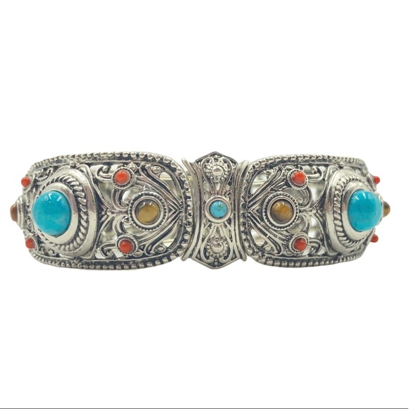 Graziano bracelet boho best western simulated turquoise tiger eye silver tone - Picture 1 of 14